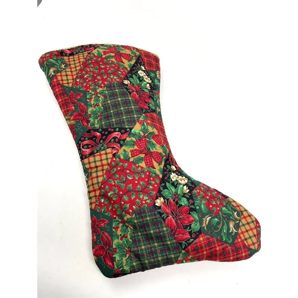 Christmas Stocking Handmade Holiday Red & Green And Teddy Bear Vintage‎